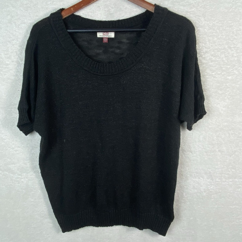 Y2K l.e.i Short Sleeve Knit Sweater Top Sz XXL Black Metallic Loose Goth‎